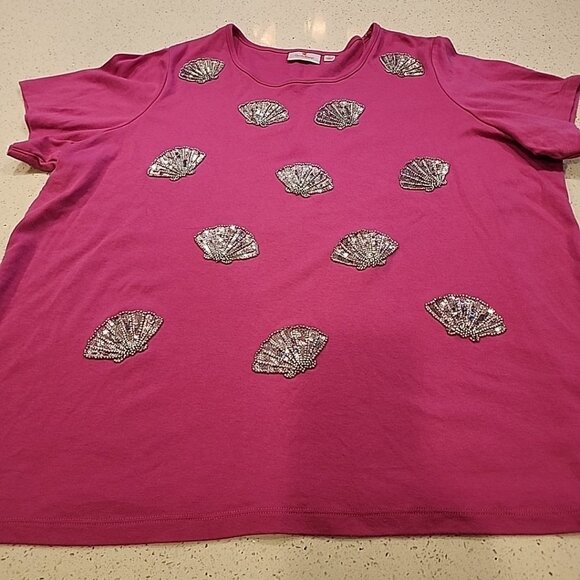 quacker factory 2x Pick Cotton T-Shirt Silver Sequins Sea Shells Short Sleeve - Picture 1 of 5